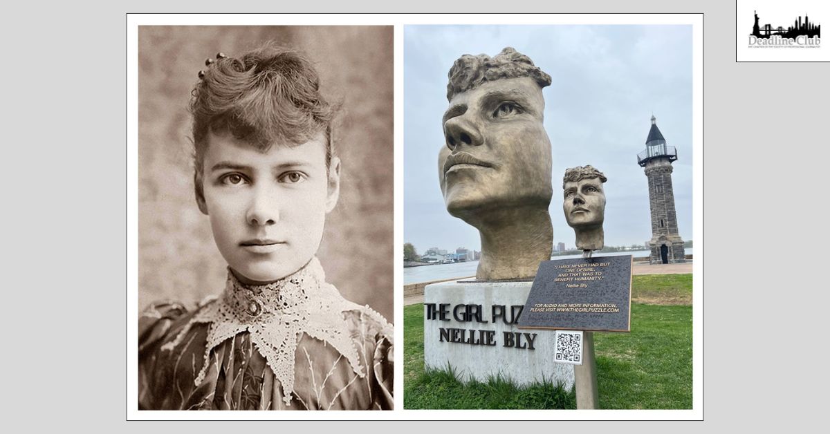 Side-by-side collage of Nellie Bly and a statue of her.