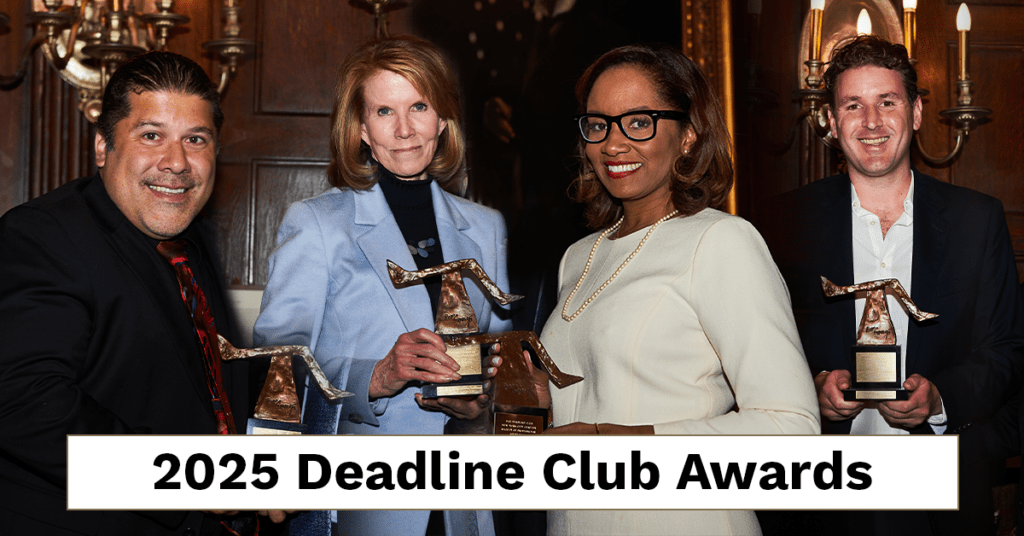 Graphic of people holding their Rube statuettes. Text below reads "2025 Deadline Club Awards."